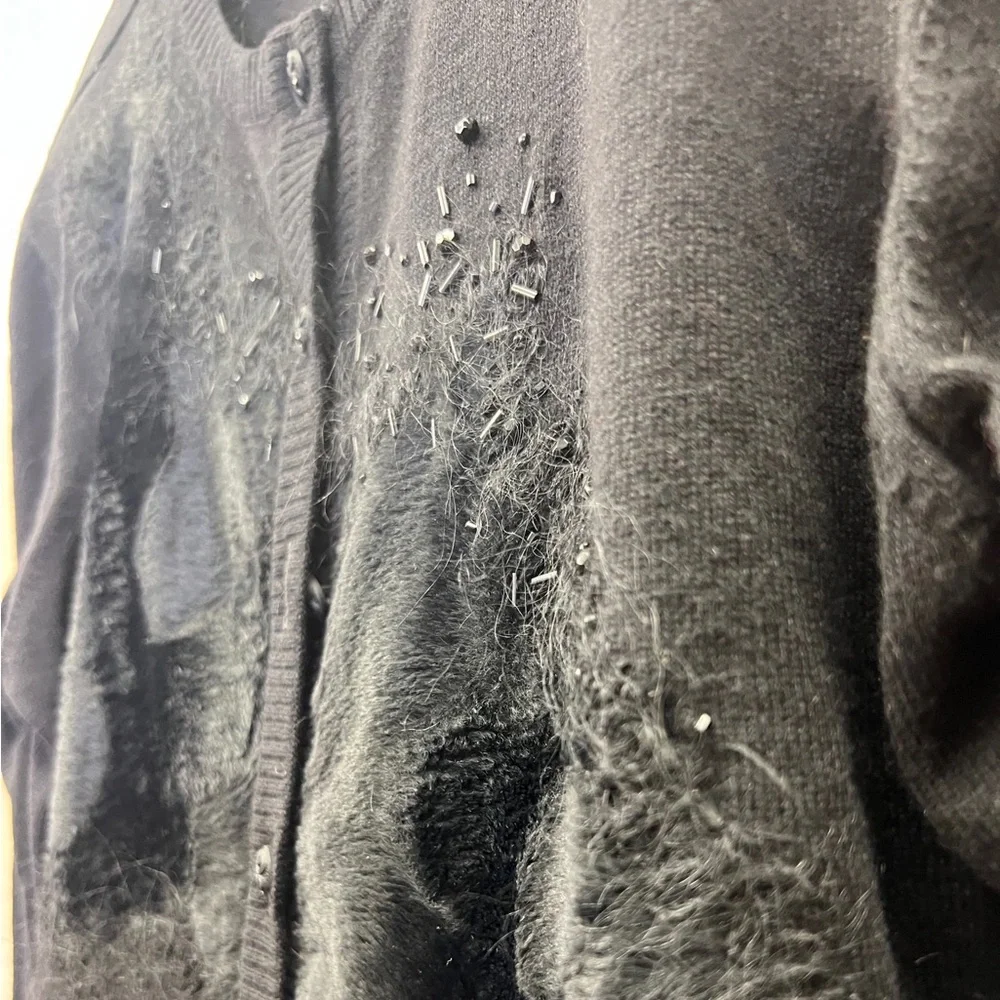 Escada Beaded Fur Wool Blend Cardigan Sweater Size Large Solid Black - Picture 4 of 8
